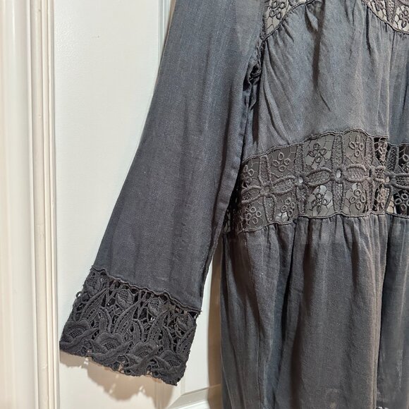 Free People Linen/Cotton Charcoal Gray Dress w/Embroidered Trim Size L - Picture 5 of 16